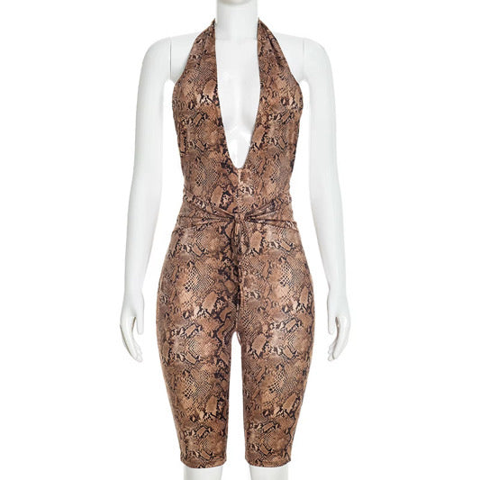 Snake Print Plunge Halter Biker - Jumpsuit