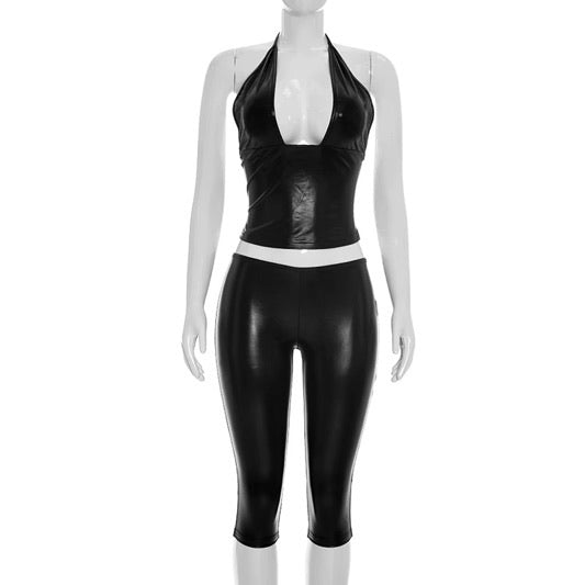 Faux Leather Halter Top & Capri Leggings Set