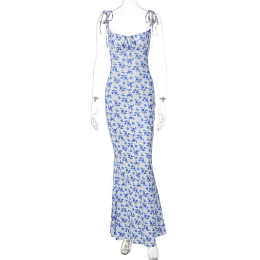 Women's Floral Tie-Shoulder Mermaid- Maxi Dress