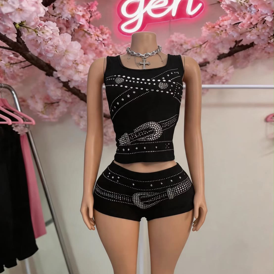 Rhinestone Buckle Print - Two-Piece Shorts Set